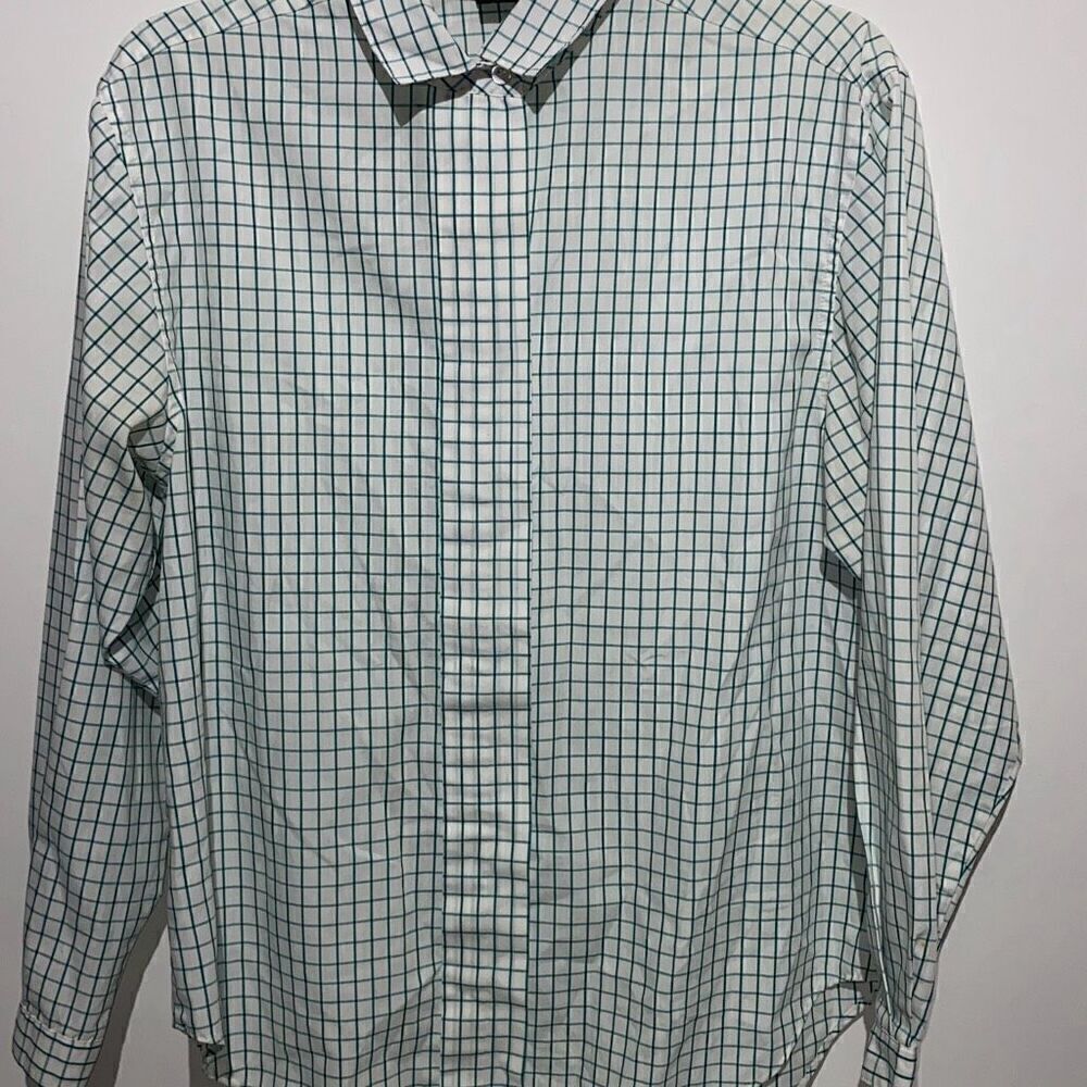 Katelyn Court Mens‎ Teal Green White Windowpane Check Hidden Button Down Shirt M